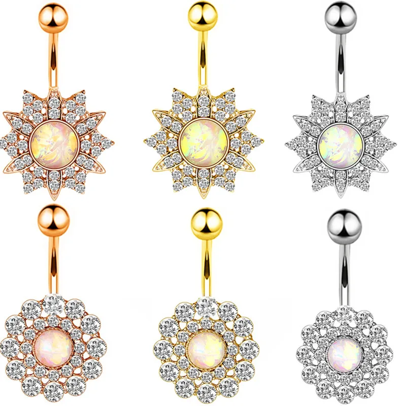 1/2PCS Sunflower Belly Button Ring 14G Surgical Steel Lotus Flower Belly Piercing Ring Opal Sexy Navel Piercing Cute Belly Ring