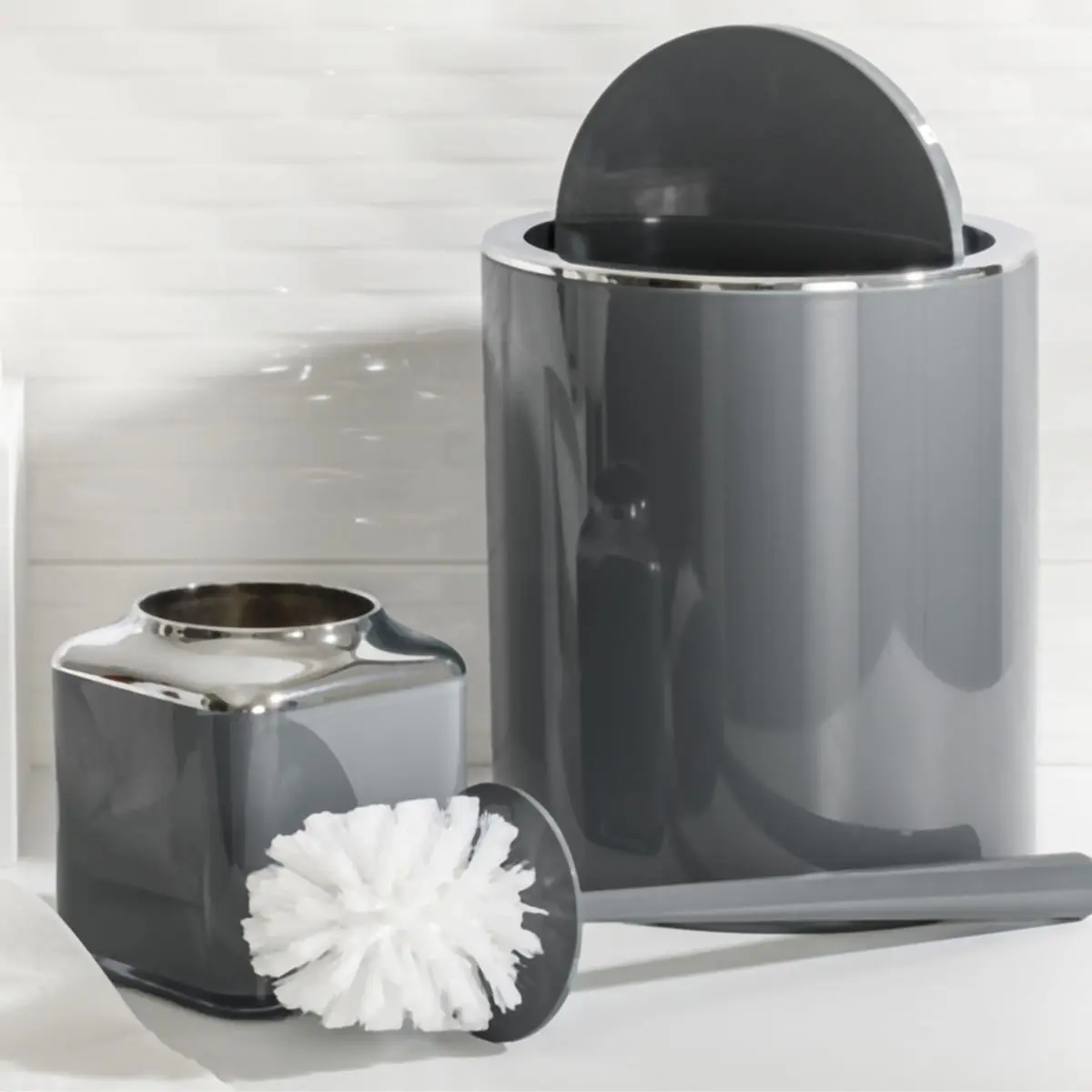 2 Piece Anthracite Bathroom Set Modern Design Quality 1 Toilet Brush 1 Trash Can For Home Office Made In Turkey Fast Shipping