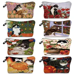 Floral Cat Makeup Bag Travel Storage Organizer For Women Cosmetic Bag Purse  Big Portable Female Bag Home Office Pencil Storage