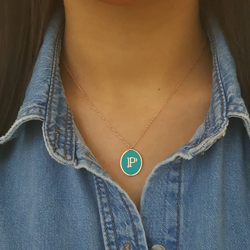 P Initial Letter Necklace Id Necklace Custom Necklace Personalised Necklace Turquoise or Black Enamel Necklace