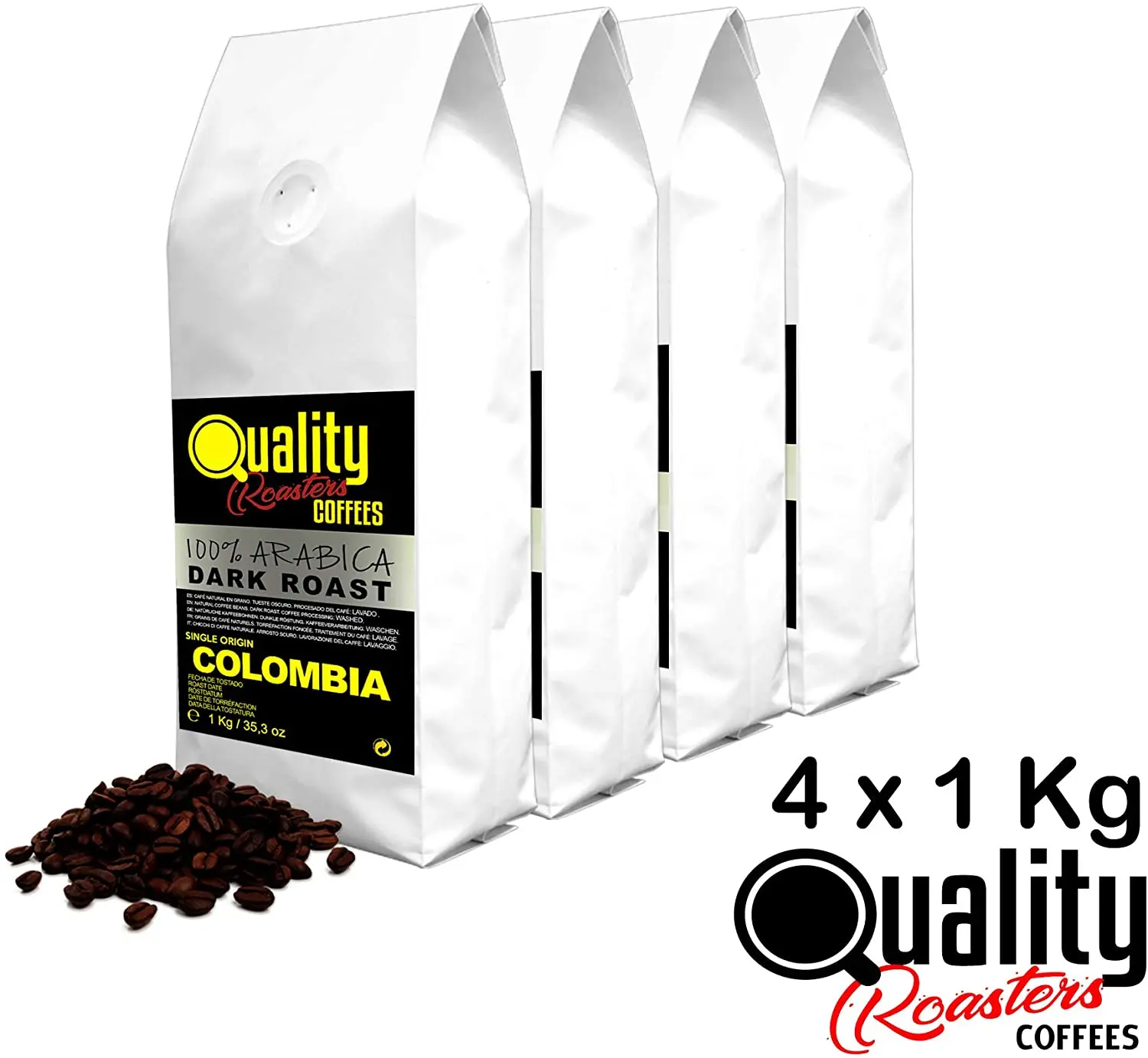 Café en grano natural. Tueste Oscuro. 100% Arabica. Origen Colombia, Pack 4KG