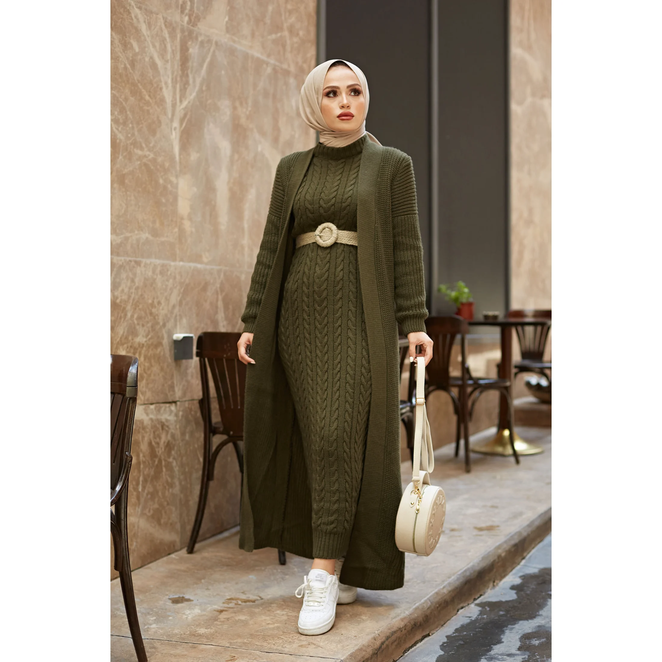 2 Piece Women\'s Knitted Maxi Set For Winter Half Turtleneck Long Sleeve Knitwear Dress and Cardigan Muslim Fashion Hijab