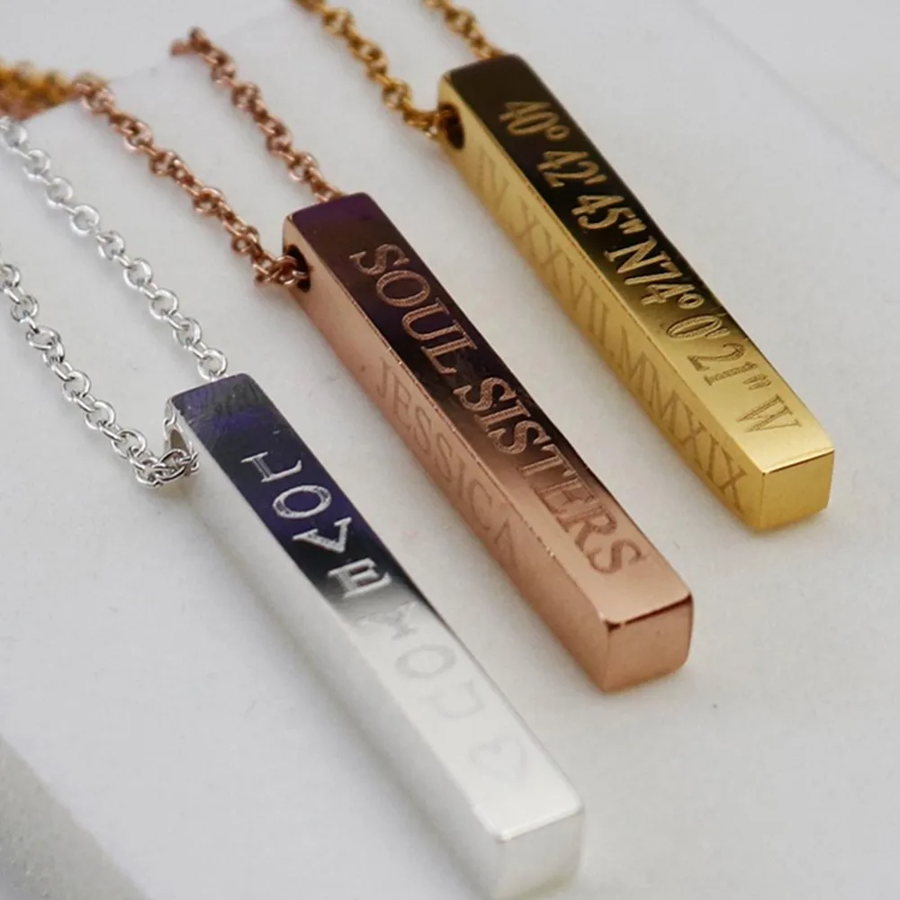 Engraved Custom Made 3D Vertical Bar Silver Gold Necklace, Mothers Day Gift for Mom Grandma, Personalized Jewelry, Wedding Gift