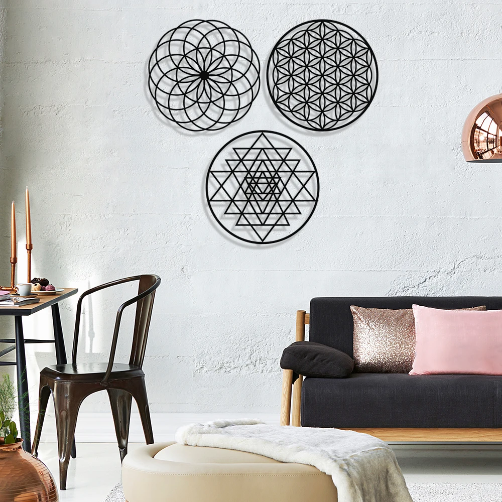 MIGNATIS The Flower of Life - Sri Yantra - Torus Metal Wall Decor Set of Painting 3Kitchen Wall Decor, office, Living Room