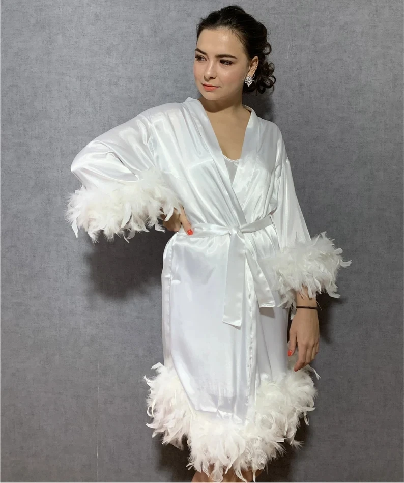 Feathered Satin Bridesmaid Robes Satin Dressing Gown Bride Robe Bridesmaid Gift Bridal Party Robes Silky Satin Robe Personalized