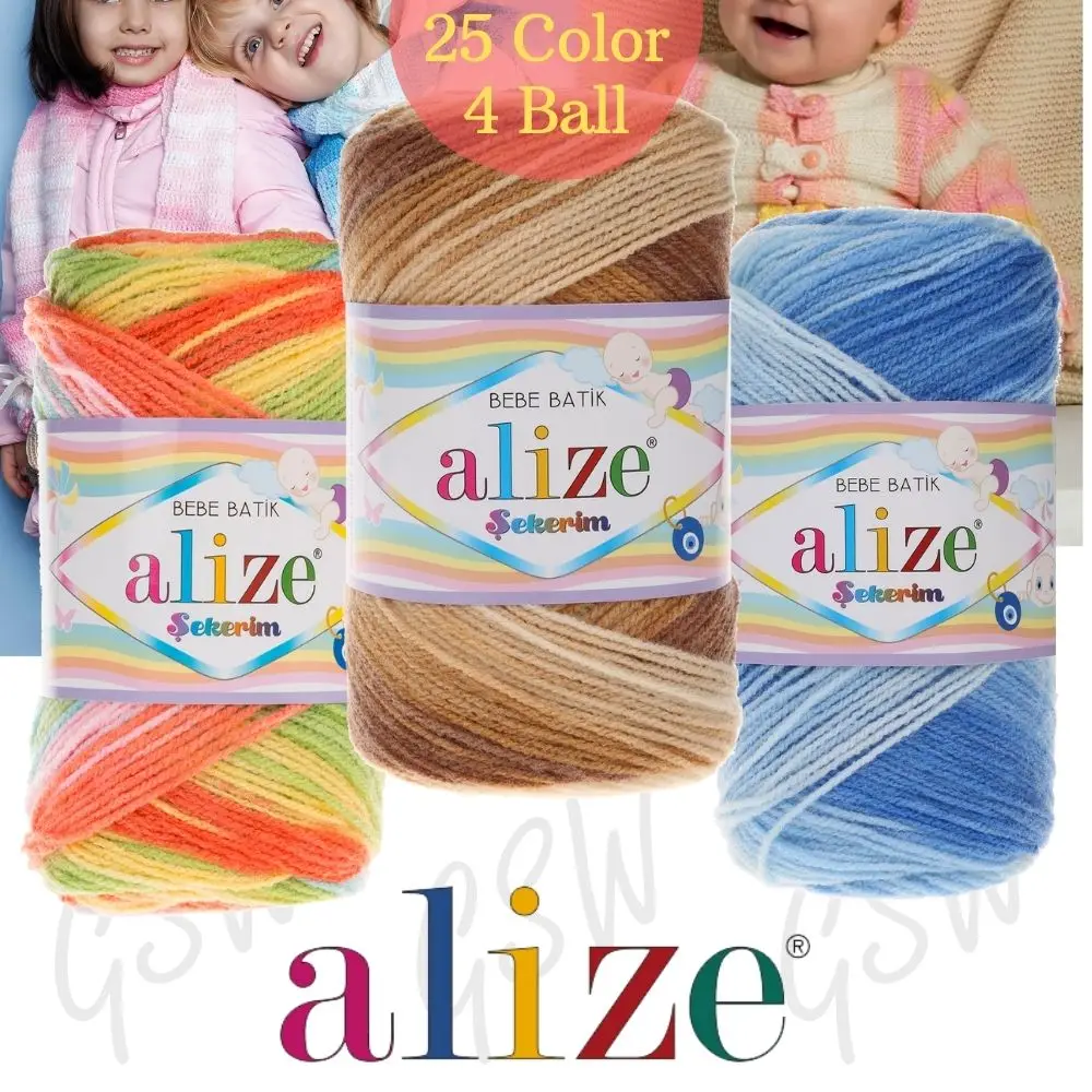 Patterned Striped Baby Hand Knitting Yarn, Alize Sekerim Bebe Batik, 4 Ball, Hobby, Vest, Cardigan, Scarf, Beret, Crochet - Needles, Thread, Wholesale, Diy, 24 Color Options 320 Meters(100gr) Acrylic