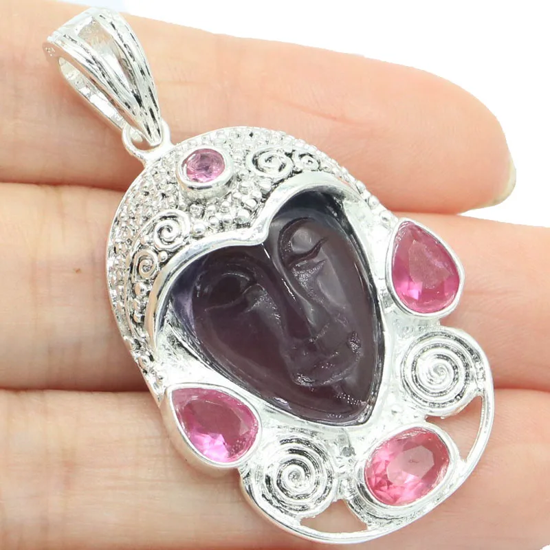 Compre 4 y obtenga 1 gratis 50x27mm único 12,4g Egipto amatista cuarzo diosa cara creada turmalina rosa peridoto amatista colgante de plata