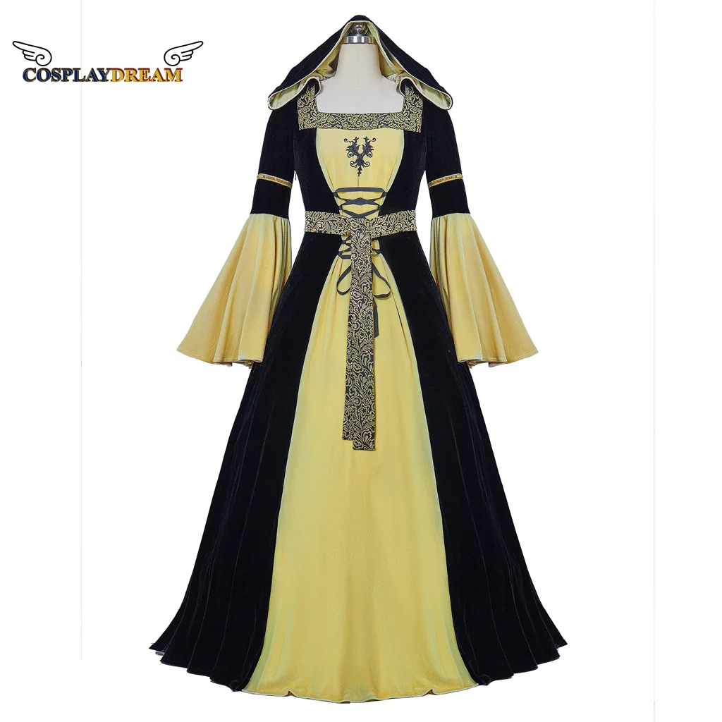 

Womens Velvet Medieval Renaissance Victorian Wedding Dress Ball Gown Hooded with Belt Fantasy Halloween Cosplay Costume