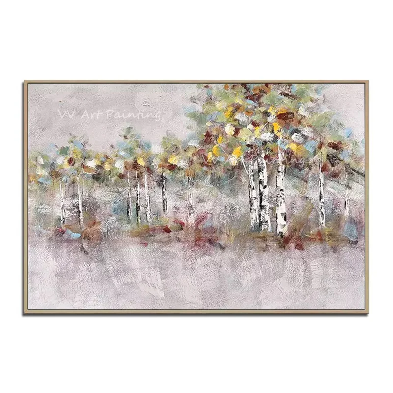 Handpainted Palette Knife Birch Forest Oil Painting On Canvas, Impasto Autumn Birch Tree Textured Wall Art Neutral Home Decor