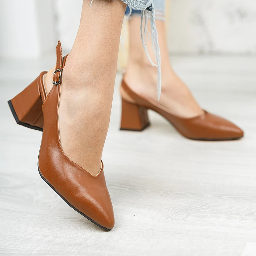 Brown Faux Leather Ankle Strap Women Sandals Pointed Toe Heels for Women Thick Heel Pumps for Women 7 cm Heels Ladies Pumps