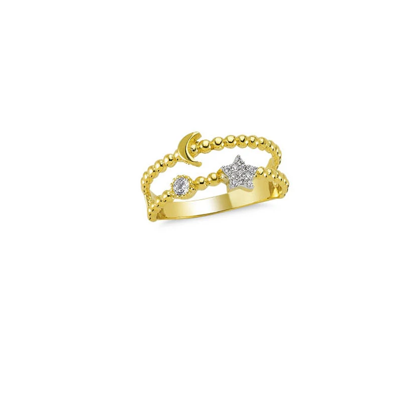 14K Solid Gold Star and Moon Ring for Women