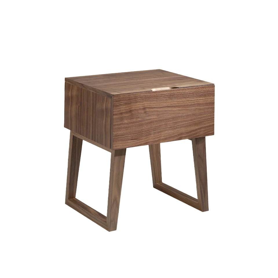 Bedside Table 7005 Angel Cerdá-night table in walnut-plated wood with drawer.