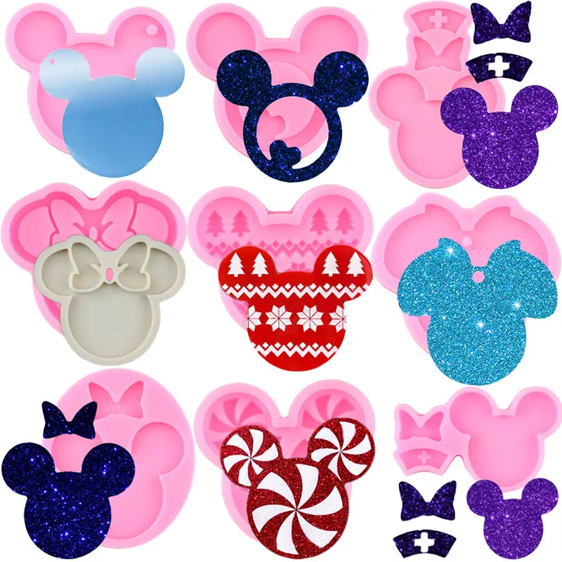 Shiny Cartoon Mouse Phone Grip Silicone Molds Girl Face Badge Reel Keychain Epoxy Resin Mold DIY Charms Necklace Jewelry Moulds