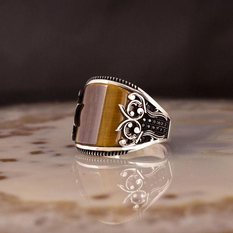 925 Sterling Silver Ring for Men  Tiger Eye Stone Jewelry Fashion Vintage Gift Onyx Aqeq Mens Rings All Size