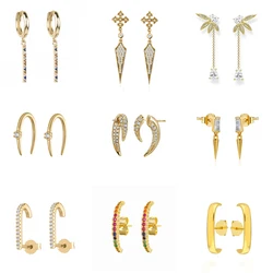 CRMYA-pendientes de aro geométricos rellenos de oro y plata para mujer, aretes de barra larga de CZ pavimentada, joyería de fiesta