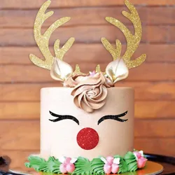 Personalized Reindeer Cake Topper, Antlers Nose Eyelashes, Glitter Christmas Cake Decoration, Rudolph Gold, Customized Deer Xmas