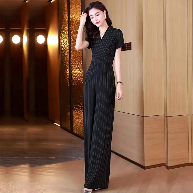 Black Business Suit Jumpsuit Summer 2022 New High Waist Fashion Slim Stripe Suit Wide Leg Pants Jumpsuit