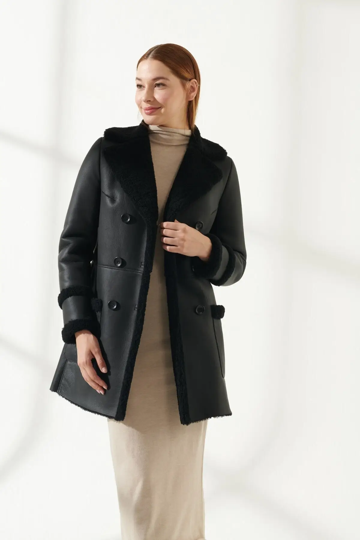 Winter Woolen Leather Jacket for Women, warm outerwear, genuine sheepskin and Handmade Wool Coats, Warm Clothing from Turkey