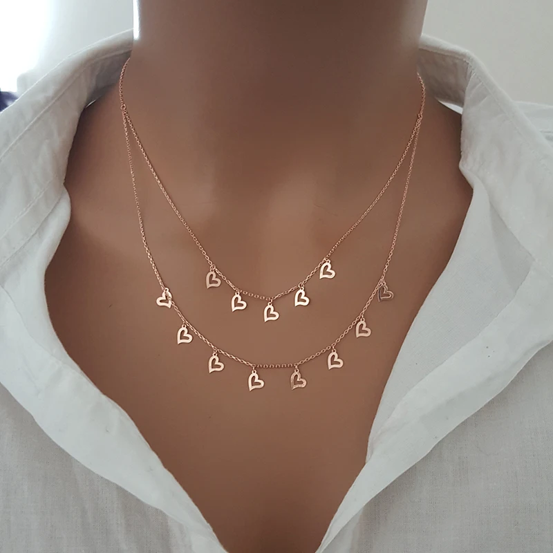 Layer Neckalce Love Necklace Silver 925 Rose Gold Plated Double Layer Hear Choker