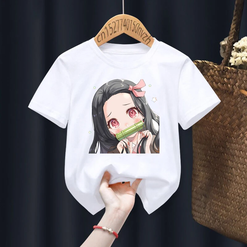 Camisetas con estampado de Nezuko Kamado Kimetsu no Yaiba para niños, ropa Kawaii Harajuku negra para bebés, Tops para niños y niñas, regalo, envío