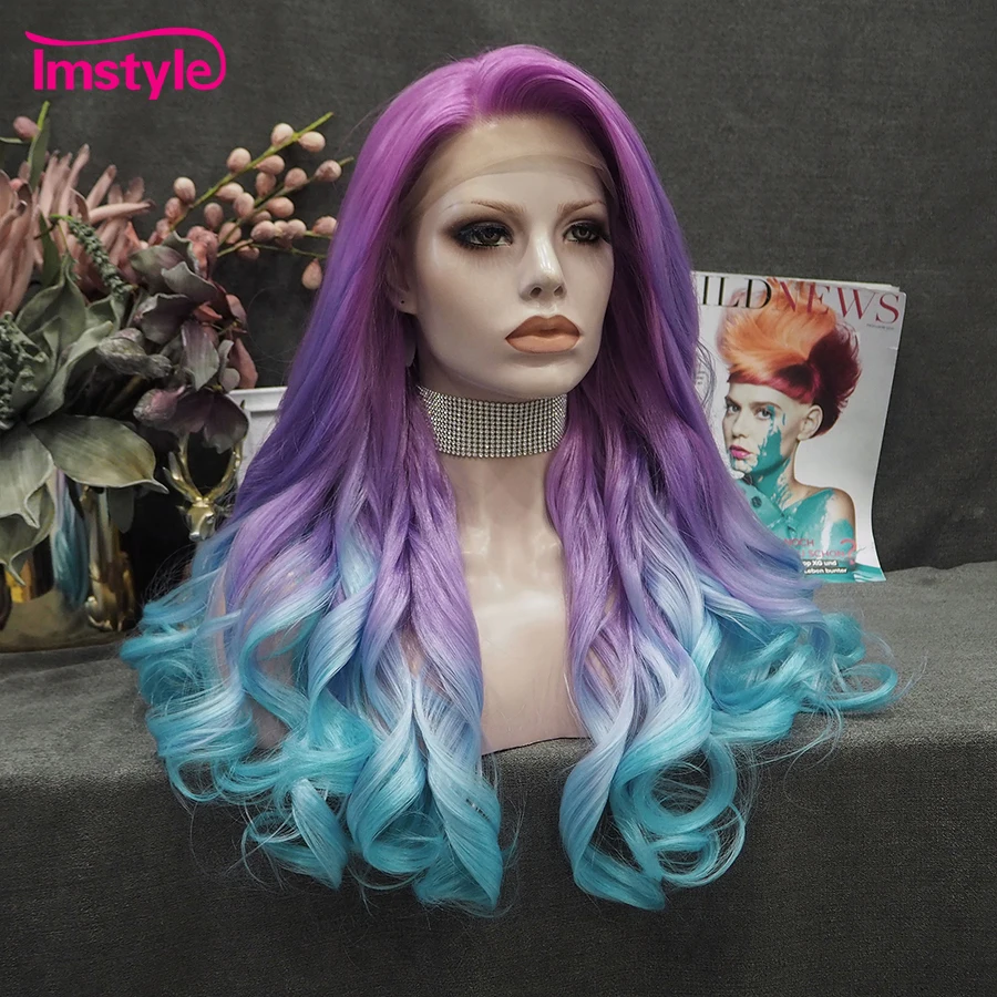 Imstyle Ombre fioletowy niebieski peruka syntetyczna koronka peruka Front naturalne peruka z falowanymi włosami Multicolor Cosplay peruki dla kobiet