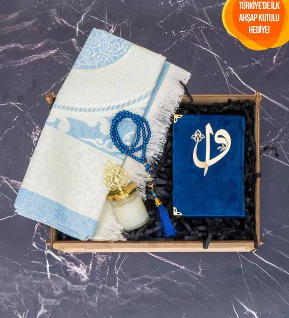 Blue prayyer rug set velvet covered Quran rosary muslim set islam hac ürünleri islamic arabic mevlut umrah gift sijadat rosary