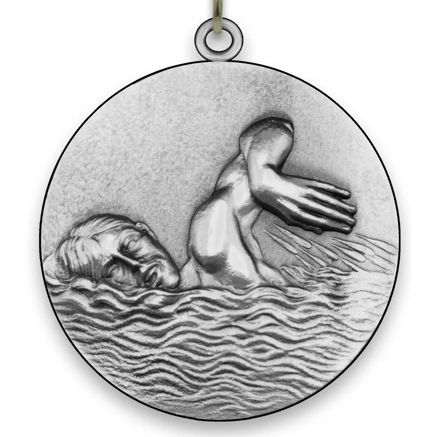 Large Metal-swimmimg Medal male-Silver-6,4 cm-with belt size 2,2cm x 80 cm, colores de Tape choose.