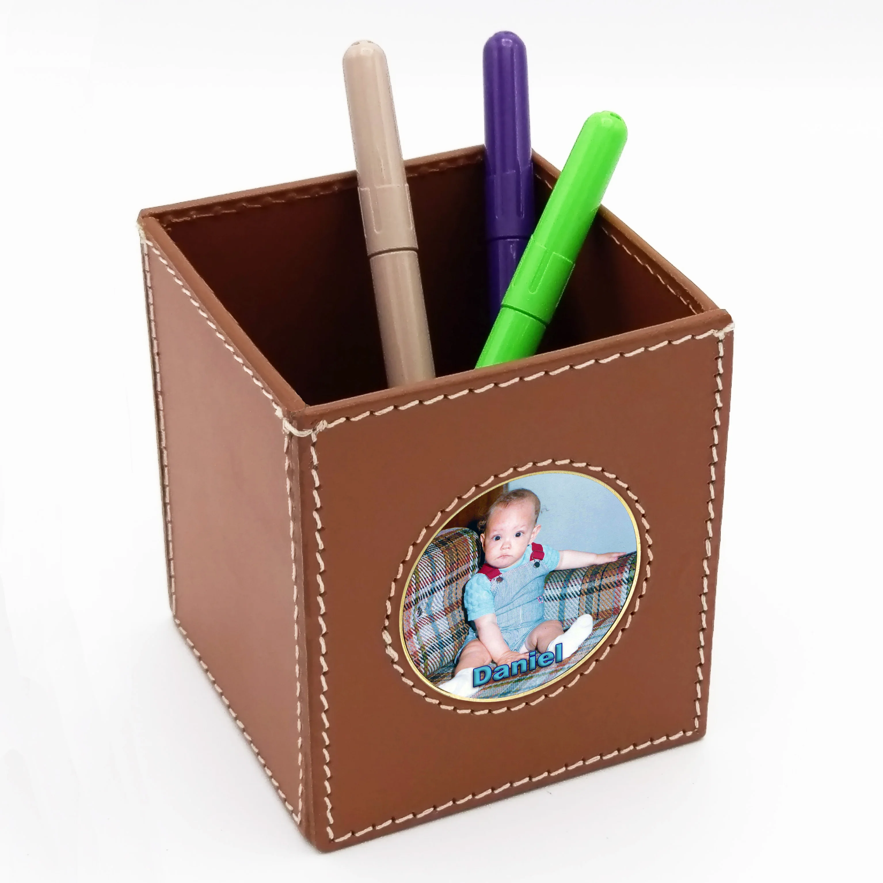 Pen and Pencil Holder for desktop - Metal medallion to choose - Black Color - Customization is included in the price.