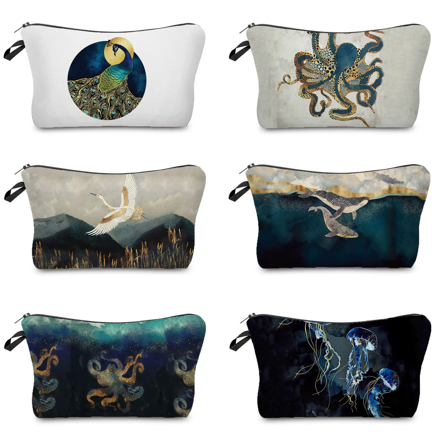 Ukiyoe Printing Cosmetic Bag Women Cartoon Red-Crowned Crane Storage Bag Landscape Travel Pouch Makeup Bag Fashion Coin Purse