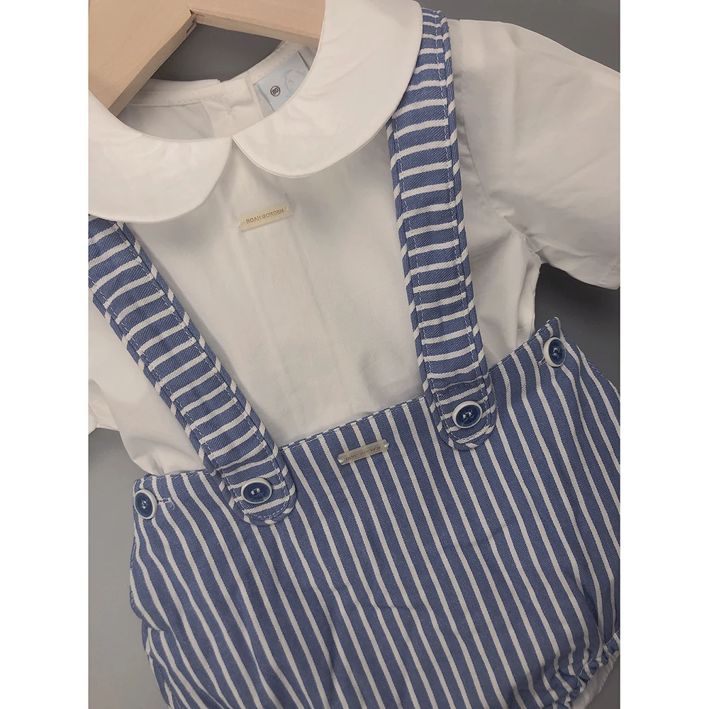 2Pcs Children Boutique Clothing Baby Boy Blue Navy Set Cotton Short Sleeves Shirt  Striped Straps Shorts Eid Clothes For 6m-3y