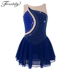 Kids Shiny Rhinestone Mesh Splice Ballet Gymnastics Leotard Girls Figure Skating Dress Child Contemporary Lyrical Dance Costumes