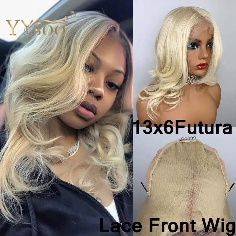 

YYsoo 13x6 Short Blonde Futura Synthetic Lace Front Wig Body Wave Half Hand Tied Wigs Natural Hairline Heat Resistant 6Inch Part