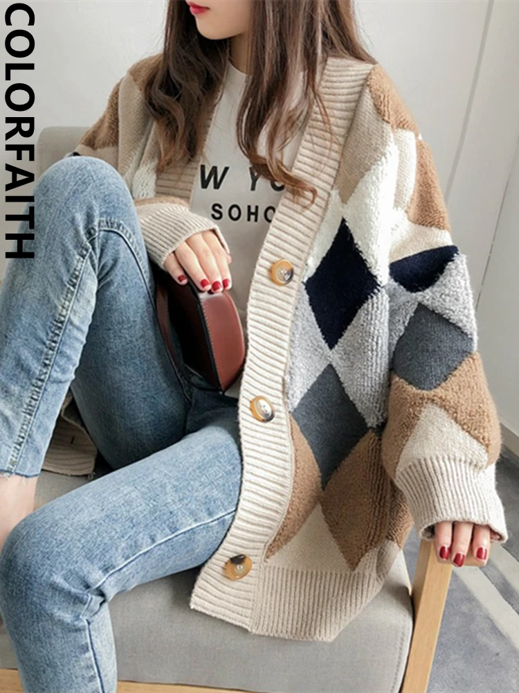 Colorfaith 2022 Plaid Chic Cardigans Button Puff Sleeve Checkered Oversized Women\'s Sweaters Winter Spring Sweater Tops SW658