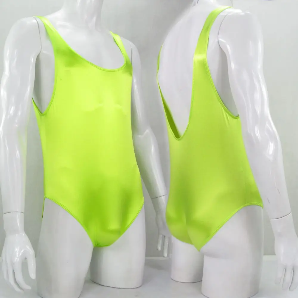 

Mens G529Y bodysuit Brief Bikini Leotard U neck Back Nylon spandex shiny Satin Thin Stretchy