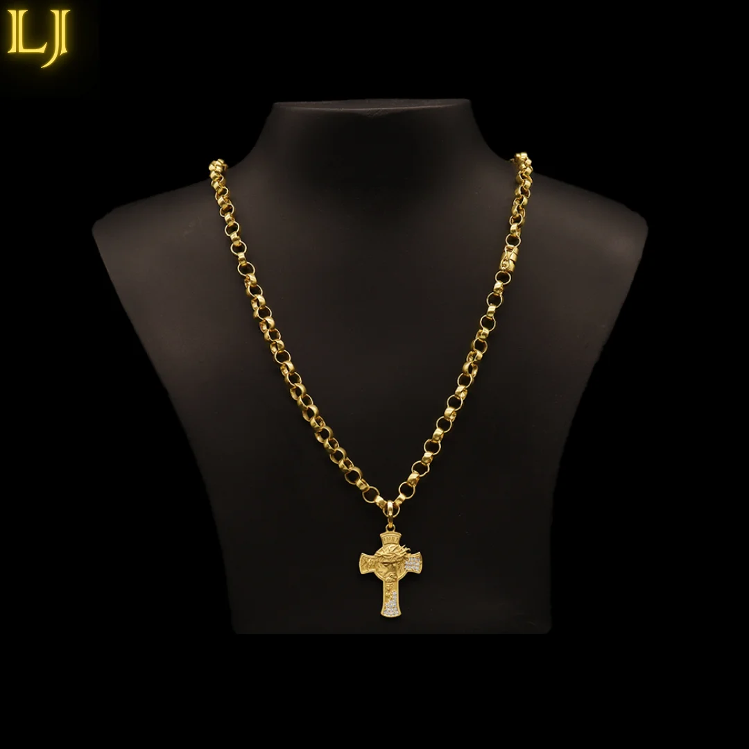 8MM Portuguese Chain Set Cross Cross Pendant with 3D Christ Face in Ancient Coin®Eternal Guarantee in Color!