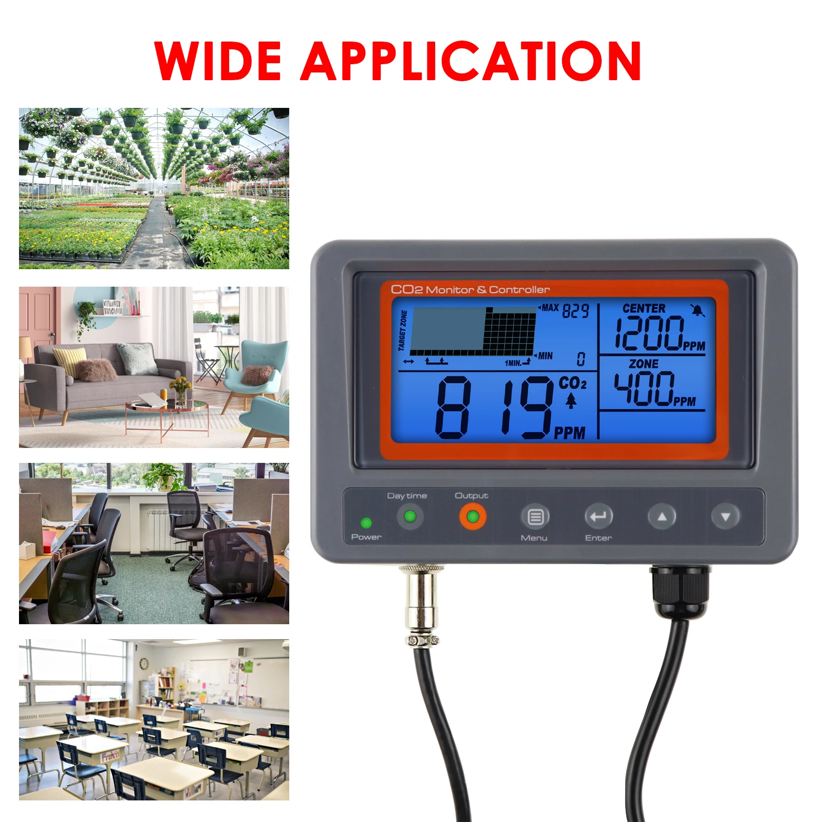 Carbon Dioxide CO2 IAQ Monitor Controller for Green House Home, Office, Factory w/ Relay Function NDIR Sensing Probe