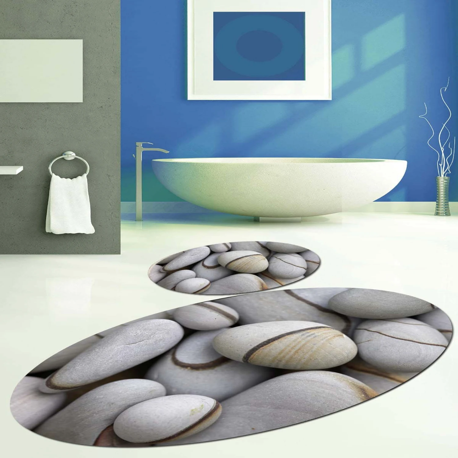 

Else Gray Brown Pebble Stones Oval 2 Pcs 3d Pattern Print Bath Mats Anti Slip Soft Washable Bathroom Mat Toilet Rugs