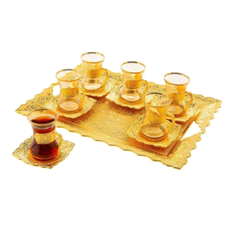 

Set Of 6 Tea Glasses with Holders Saucers 1 Tray Gold Silver Arabic Turkish Greek Tea Authentic New Home Wedding Gift