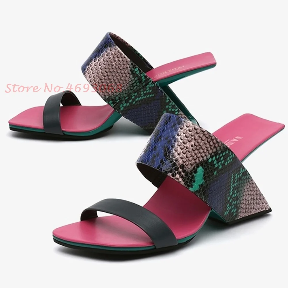 Summer Strange High Heels Sandals Women Mixed Colors Back Strap Pumps Peep Toe Print Leather Pumps Fretwork Heels Women Slippers