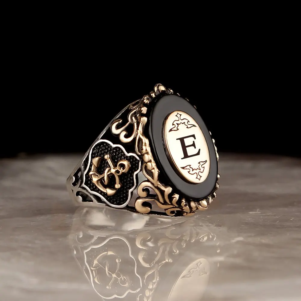 

Personalized Letter Anchor Pattern Onyx Gemstone 925 Sterling Mens Silver Ring