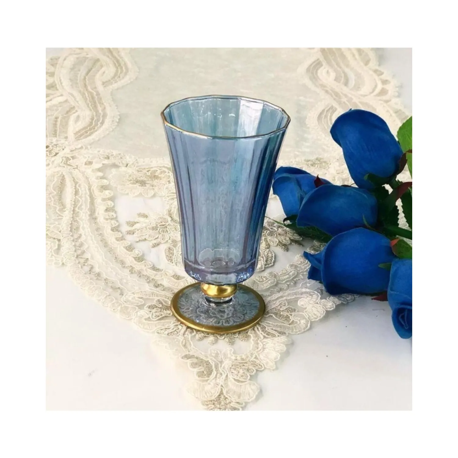 Paşabahçe Set of 6 Handmade Decor Gold Gilded & Colored Diamond Blue Coffee Side Water Glass Liquor Glass fast shipping