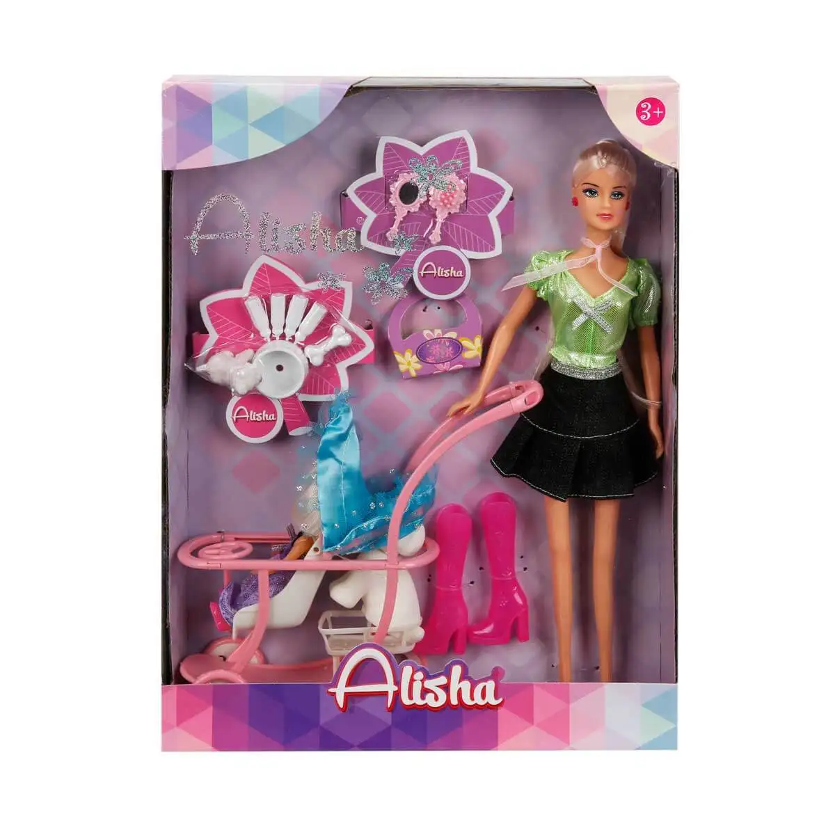 29 cm. tall Alisha doll is taking a stroll in the park with her cute daughter and Dog. Girls will have fun with Alisha.