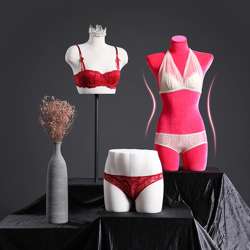 

DE-LIANG Female Underwear Mannequin,Adult Half Body Dress Form with Square Metal Base,Women Velvet Bust/Hip for Lingerie Store