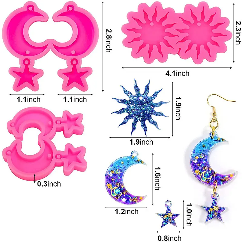 Glossy Shiny Sun Moon Stars Silicone Resin Earring Mold DIY Keychain Epoxy Resin Casting Molds Necklace Pendant Jewelry Making