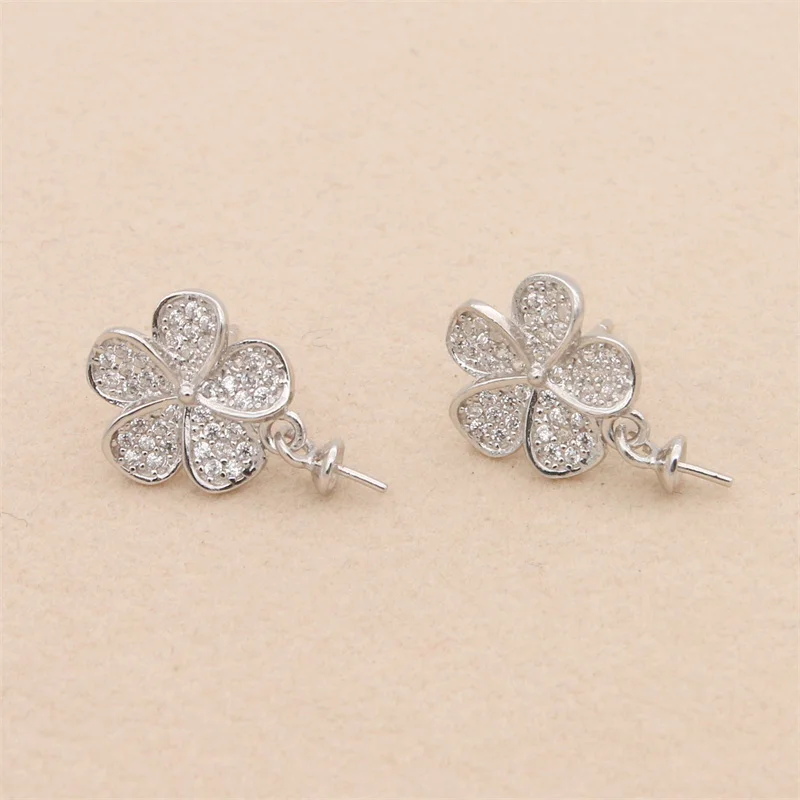 2pcs 925 Sterling Silver Flower Blank Dangle Earring Settings Findings With Zirconia Fit For Half-drilled Beads