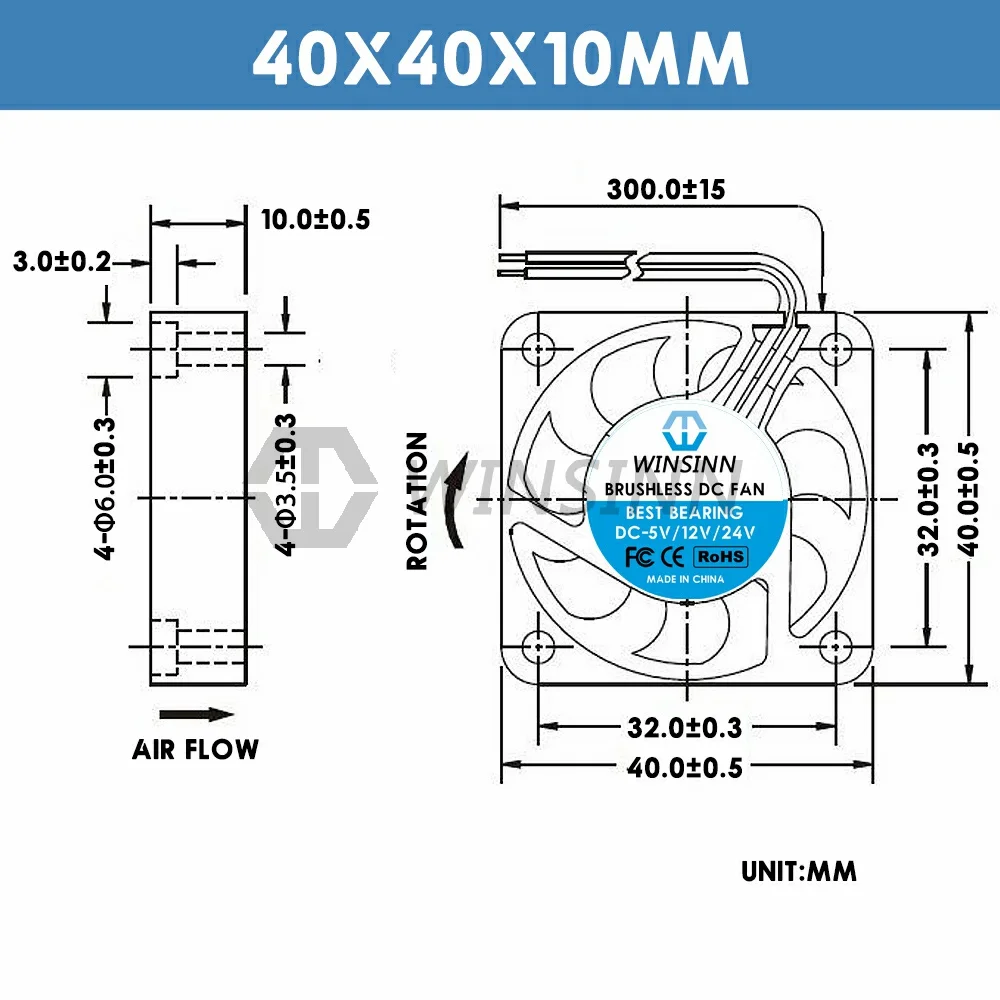 WINSINN 4010 40mm Fan DC 5V 12V 24V Hydraulic / Dual Ball Bearing Brushless Cooling 40x10mm 2PIN [5-Pack]