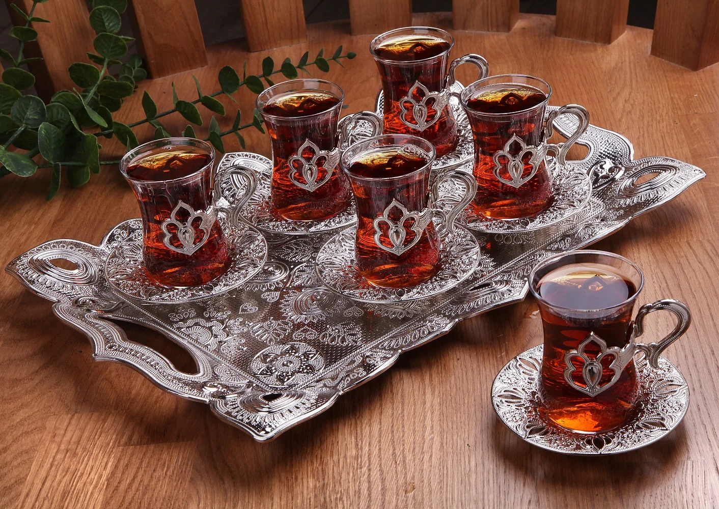 Handmade 12 Pieces Turkish Tea Cups Set for 6 People With Tray Silver Color Amazing Quality Traditional