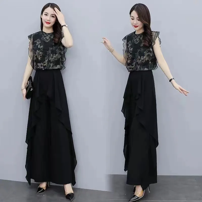 

2023 Women's Suit Summer Trouser Skirt Wide Leg Pants Suit Chiffon Shirt Fashion Two-piece Set Hollow Out Short Sleeves