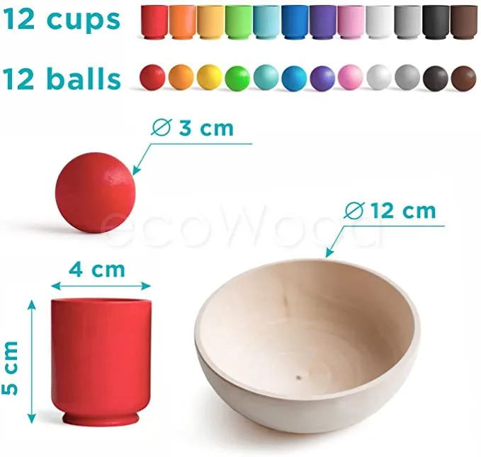 Wooden Balls in Cups Montessori Toy Wooden Sorter Game 12 Balls 30mm Color Sorting and Counting Preschool Learning Education