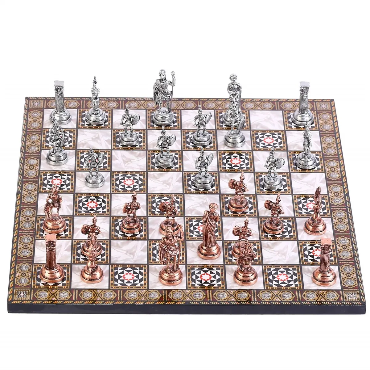 Historical Antique Copper Rome Figures Metal Chess Set, Handmade Pieces, mosaic Design Wooden Chess Board Small Size King 4.8cm